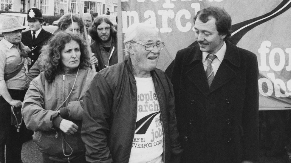 Ken Livingstone (right), leader of the Greater London Council, greets the leaders of the People's March for Jobs on their arrival in London from Liverpool, 28th May 1981