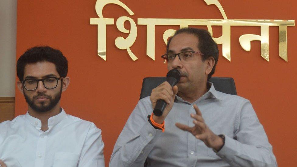 Shiv Sena president Uddhav Thackeray along with other leaders addressing to media at Sena Bhavan, on July 11, 2019 in Mumbai, India.