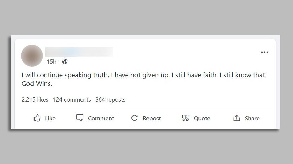 Screenshots of a post by a QAnon influencer saying: "I will continue speaking truth. I have not given up. I still have faith. I still know that God Wins."