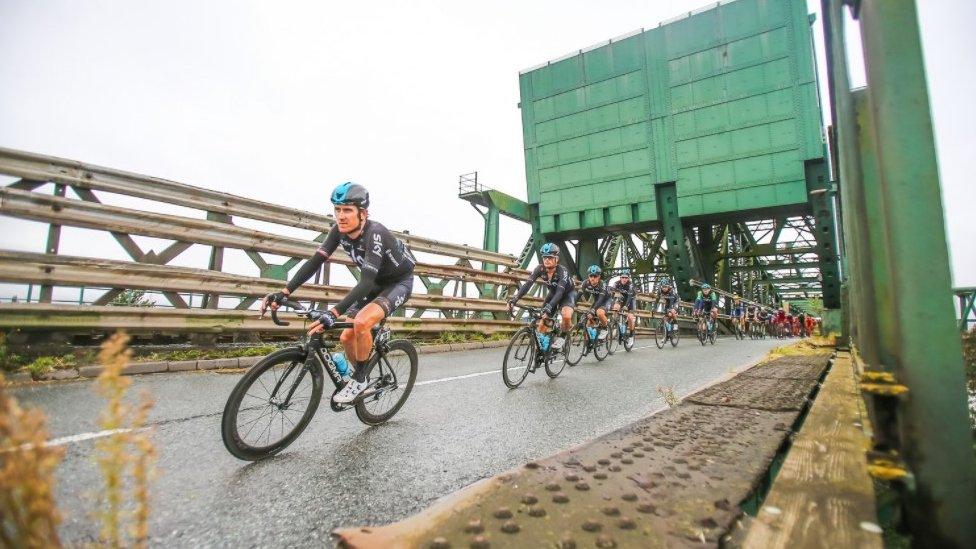 Riders passing over Keadby Bridge in North Lincolnshire