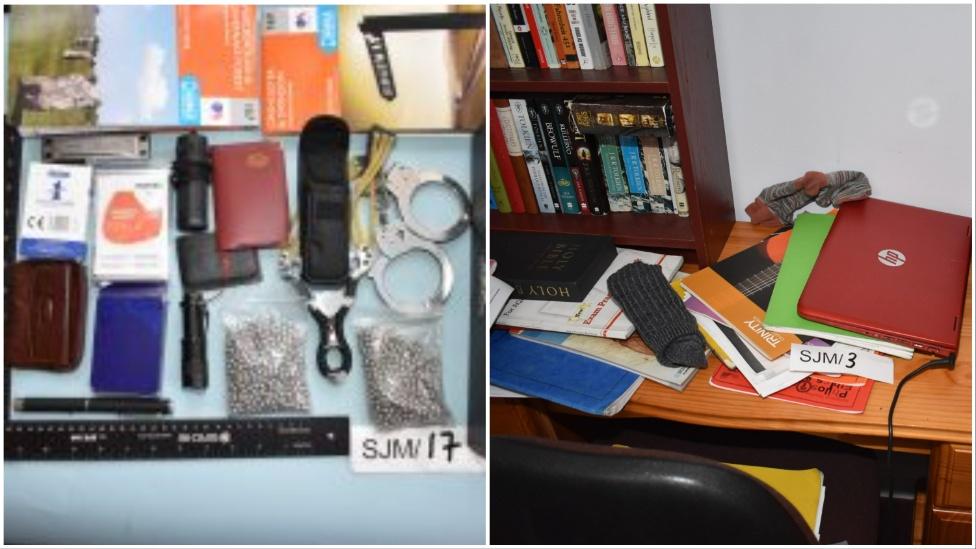 Police image of items found in Wheeler's bedroom including documents and handcuffs