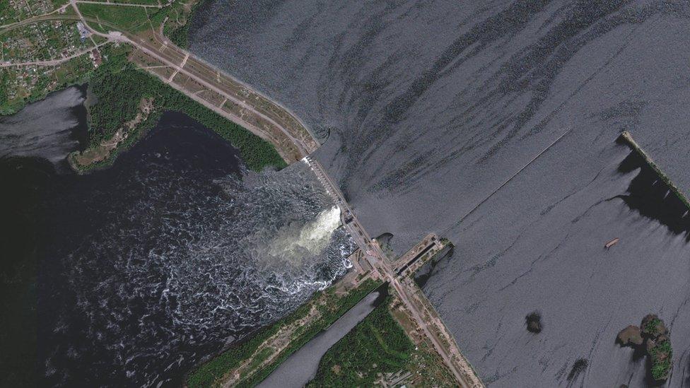 A satellite image shows Nova Kakhovka Dam in Kherson region, Ukraine May 28, 2023.