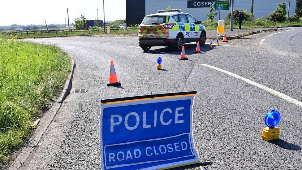 Moira road closure in Crumlin police sign