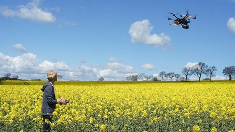 Man flying a drone in a field