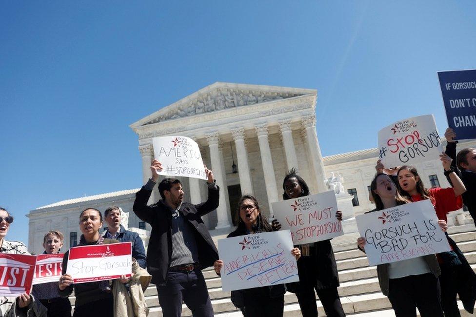 Protesters outside the Supreme Court last week opposed Mr Trump's pick