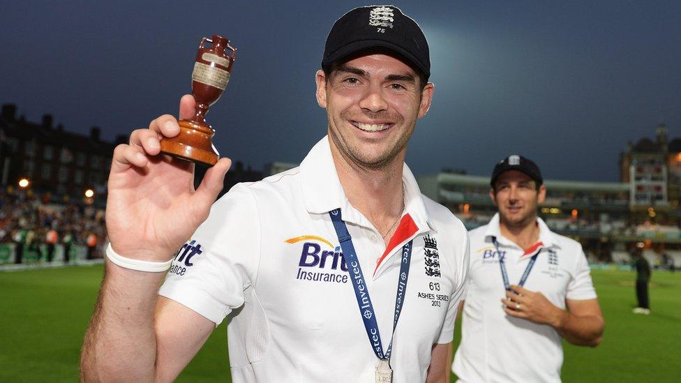 England's James Anderson celebrates retaining the Ashes on home soil in 2013