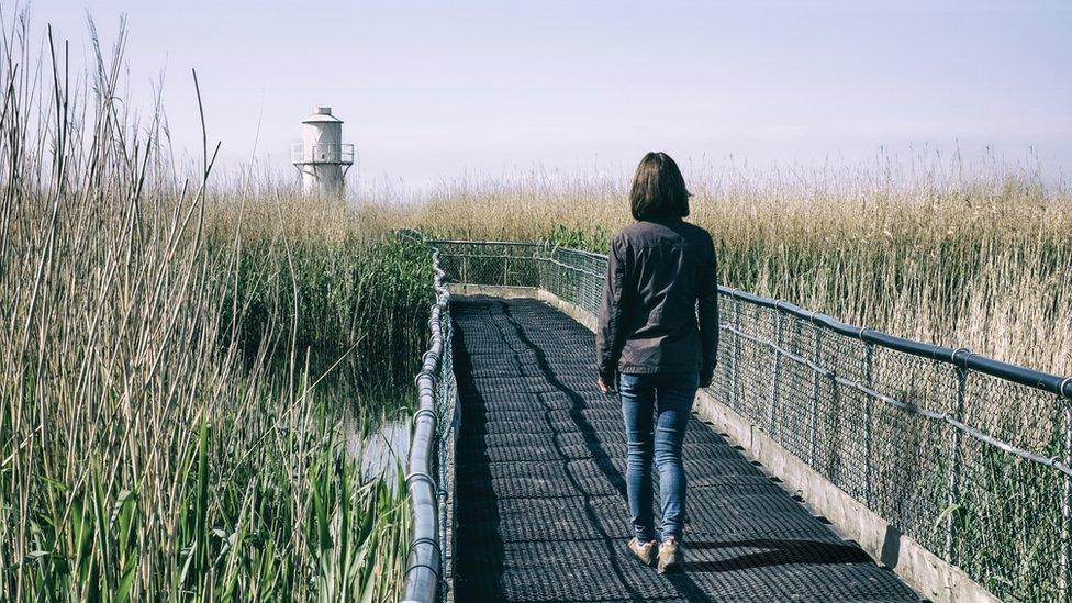 A woman walking towards West Usk Lighthouse on the Gwent Levels