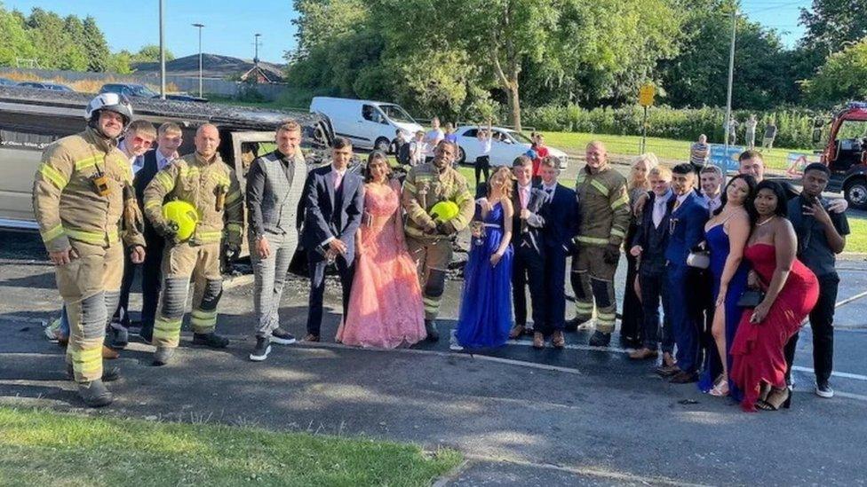 Students with firefighters