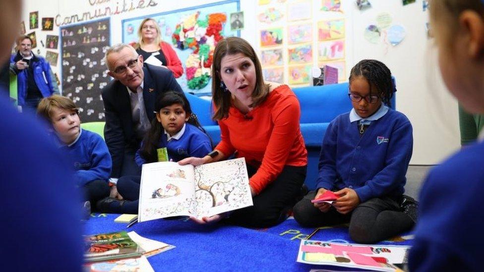 Jo Swinson with pupils at Trumpington Park Primary School in Cambridge