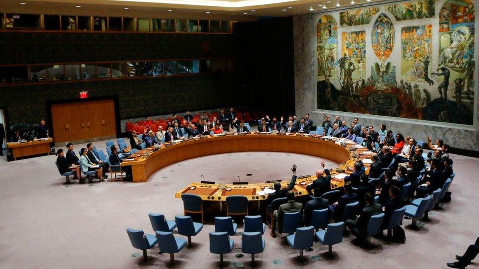 UN Security Council members vote on a US-drafted resolution toughening sanctions on North Korea, at the United Nations Headquarters in New York, on 5 August 2017