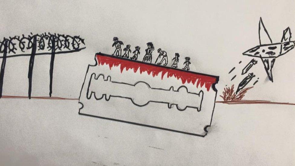 Drawings like this one by a child in a Lesbos migrant camp prompted volunteers to treat their water trauma