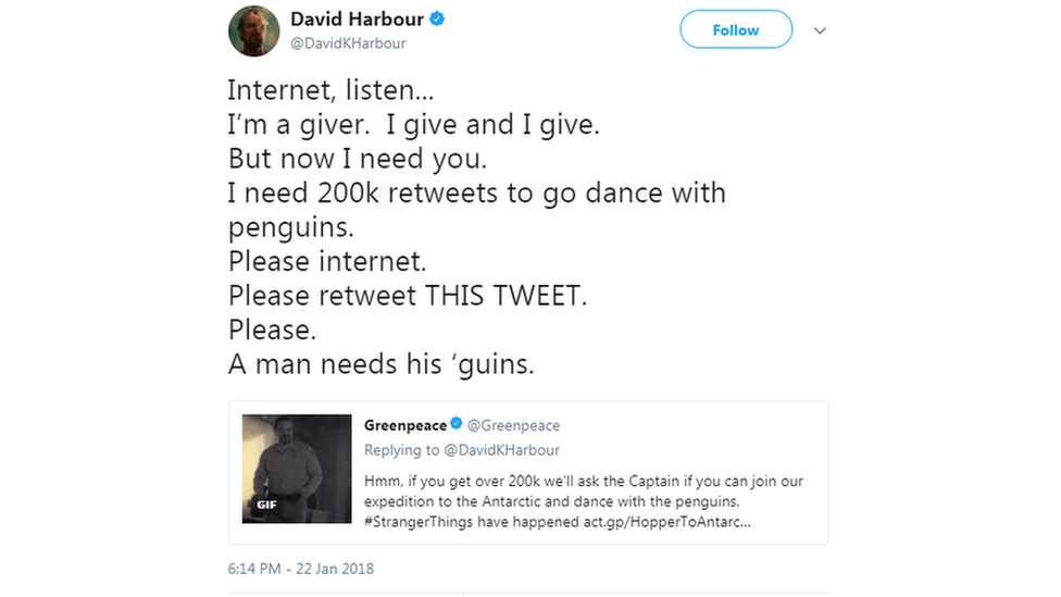 Screengrab of the tweet from the actor. Reads: Internet, listen...I'm a giver. I give and I give. But now I need you. I need 200k retweets to go dance with penguins. Please internet. Please retweet THIS TWEET. Please. A man needs his 'guins.