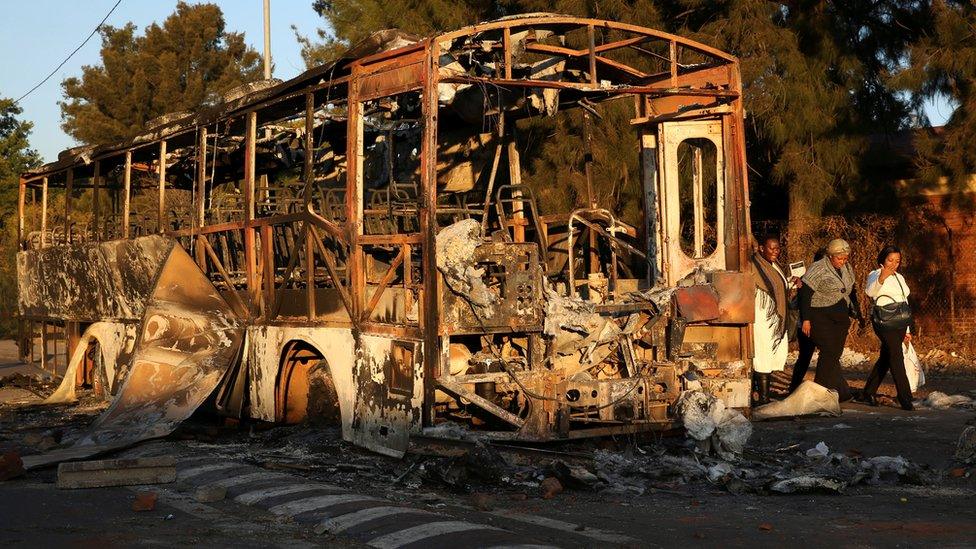 A burnt-out bus near Pretoria, South Africa