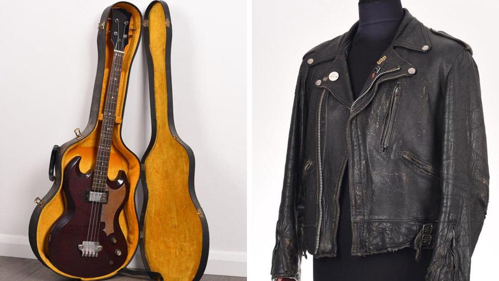 Peter Hook's Gibson EB-0 replica bass and well-worn leather jacket