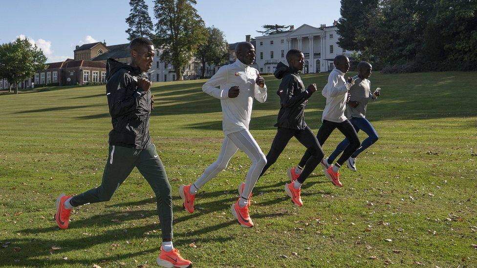 Althletes training together within the grounds of the biosecure bubble where the marathon will take place