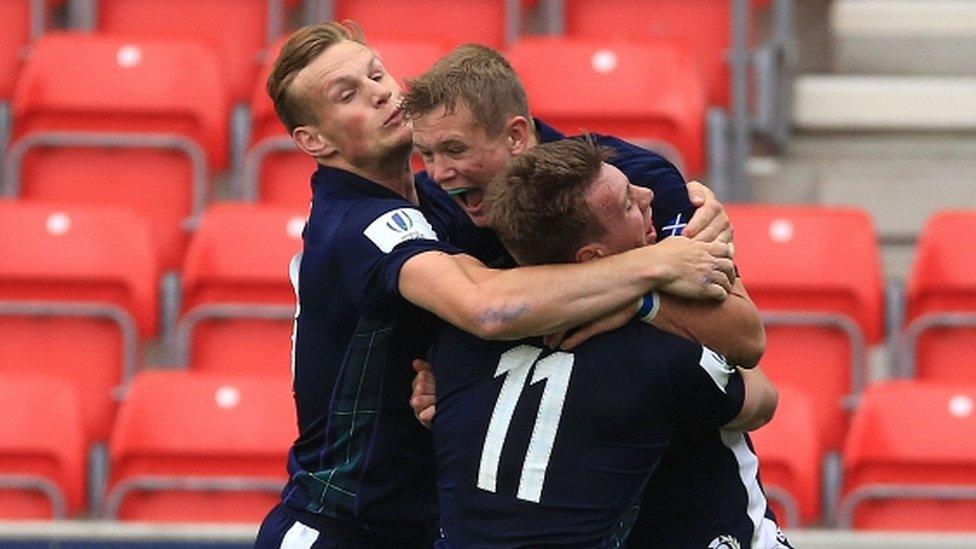 Scotland players celebrate Darcy Graham's winning try against Australia