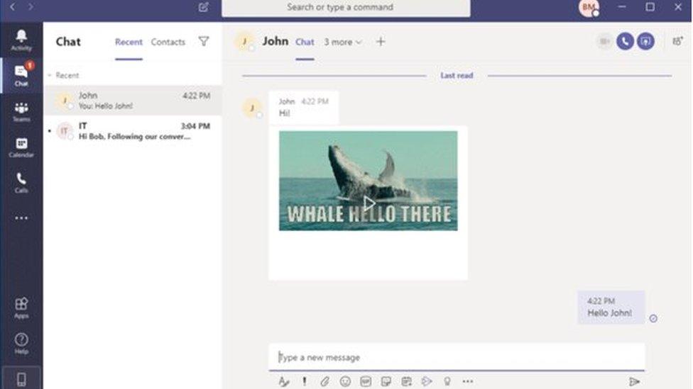 The Microsoft Teams interface is shown with a "funny" gif showing a whale waving with the caption "whale hello there"