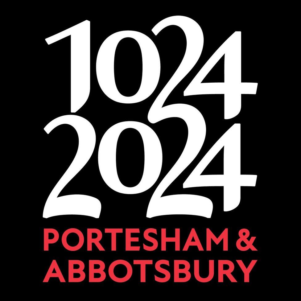 The logo with the dates 1024 and 2024 in white stacked above each other on a black background and the words Portesham and Abbotsbury beneath in red