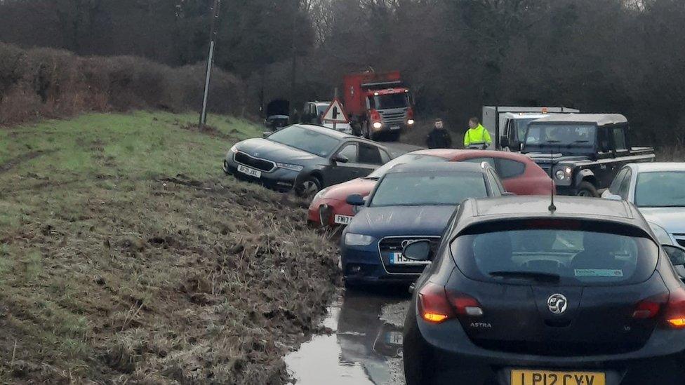 Stranded cars at Poles Lane near Otterbourne