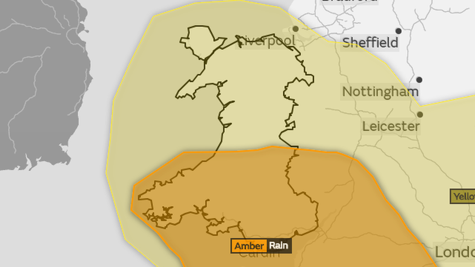 A picture of Wales, with south Wales covered in an orange weather warning and north Wales covered in yellow