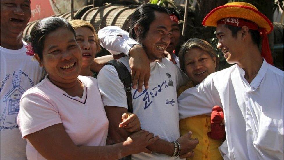 Recently released political prisoners celebrate in Yangon, Myanmar (22 Jan 2016)