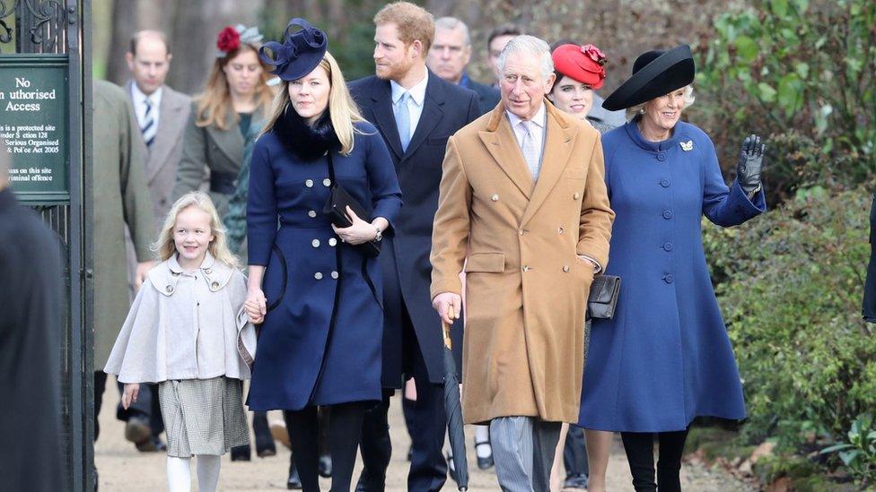 Savannah Phillips, Autumn Phillips, Prince Harry, Prince Charles, Prince of Wales, Princess Eugenie and Camilla, Duchess of Cornwall attend a Christmas Day church service at Sandringham on December 25, 2016 in King's Lynn