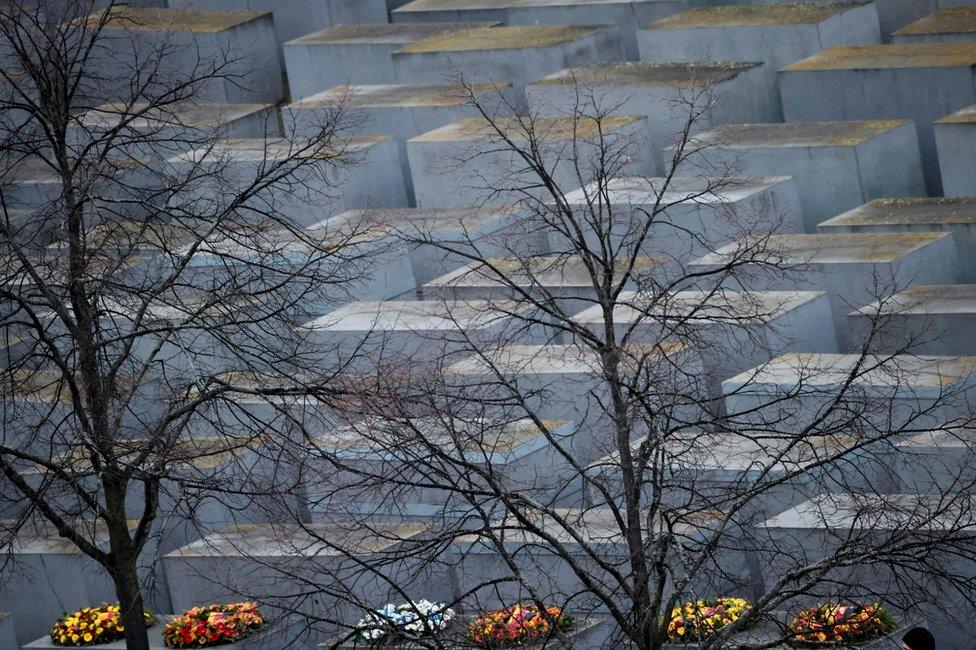 Wreaths are seen at the Holocaust Memorial on the International Holocaust Remembrance Day, in Berlin, Germany, on 27 January 2022