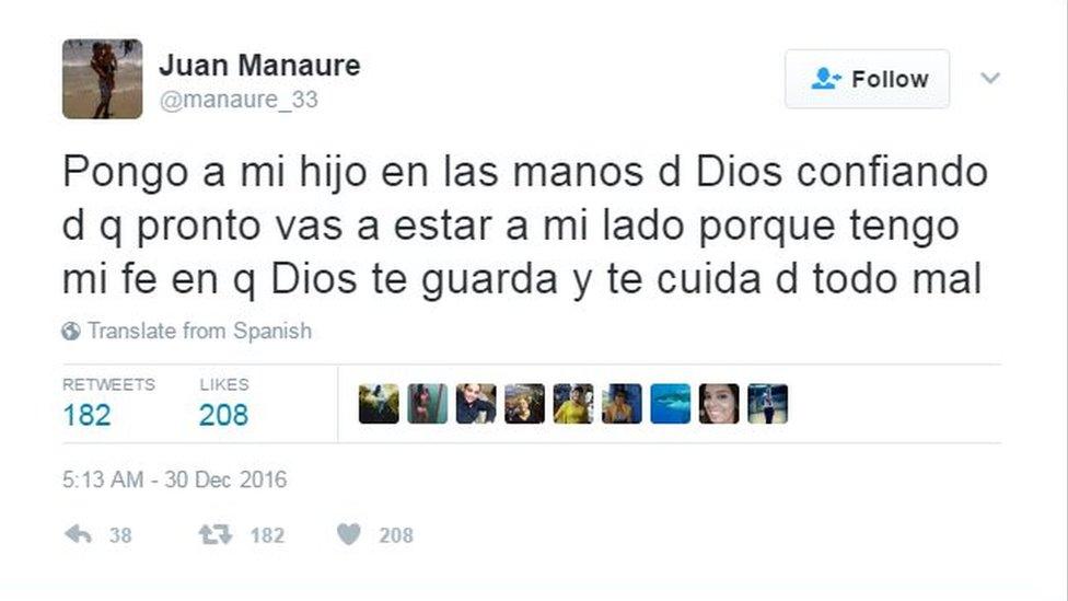 A tweet from Juan Manaure from 30 December reading: "I put my son in the hands of God hoping that he will soon be at my side because I have faith in God, that he will protect you and keep you from all evil."