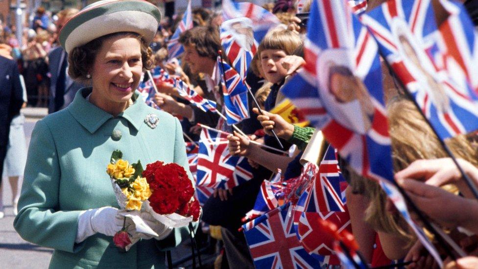 Queen Elizabeth II on a walkabout in Portsmouth during her Silver Jubilee tour of Great Britain