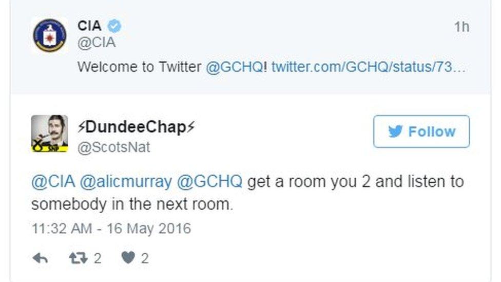 Dundee Chap tweets: At CIA, At Alic Murray, At GCHQ, get a room you 2 and listen to somebody in the next room.