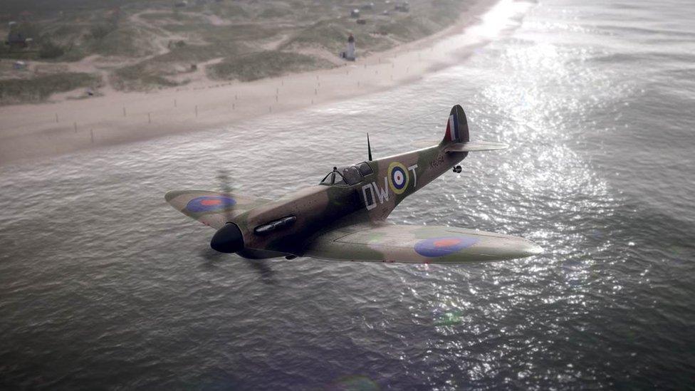 A computer generated image of a Spitfire flying over Talacre beach with its lighthouse in the background