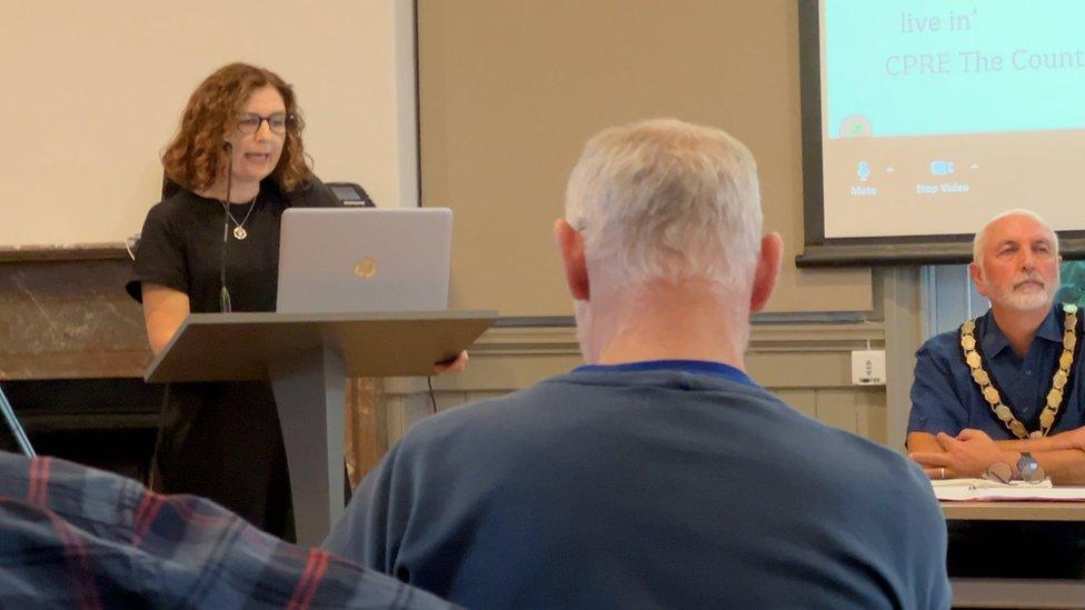 Councillor Polly Lamb speaking into a microphone while reading from her laptop in a council meeting