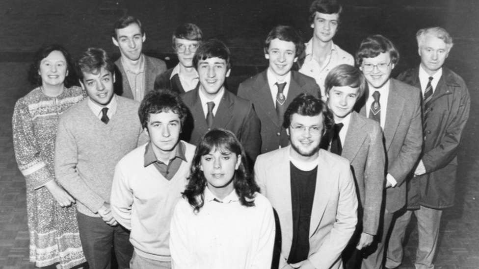 Eleven of the 15 Olchfa students accepted by Oxbridge in 1980, including Gaynor Williams (front centre) and teacher Iris Williams (far left)and Gareth Jones (second from left)