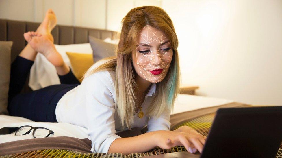 Woman with grid on face