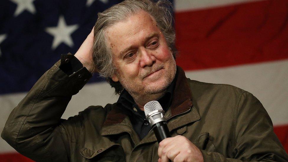 Steve Bannon speaks at a campaign rally in Alabama.