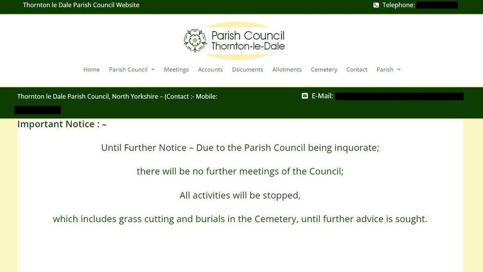 Notice on parish council website reading: ""Until Further Notice - Due to the Parish Council being inquorate; there will be no further meetings of the Council; All activities will be stopped,which includes grass cutting and burials in the Cemetery, until further advice is sought."