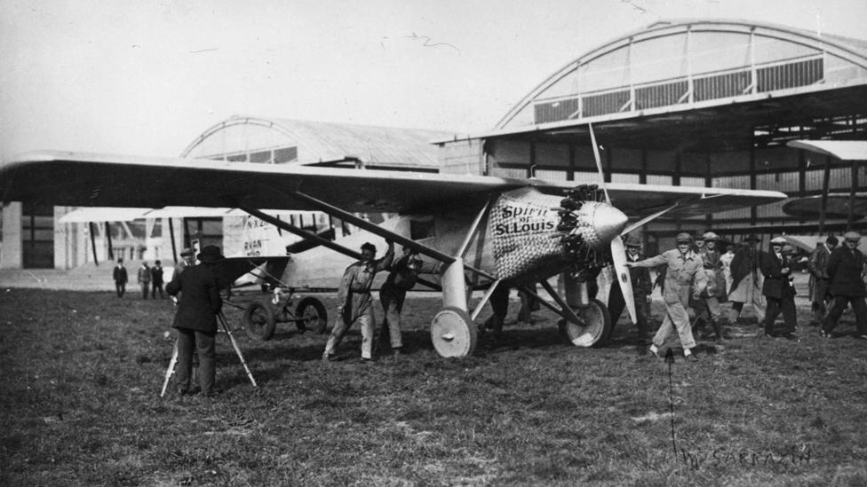 Charles Lindbergh with his plane the Spirit of St Louis