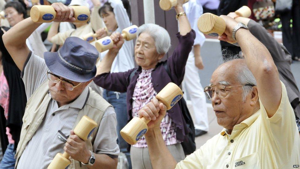 Elderly people exercising on Respect for the Aged day in Japan