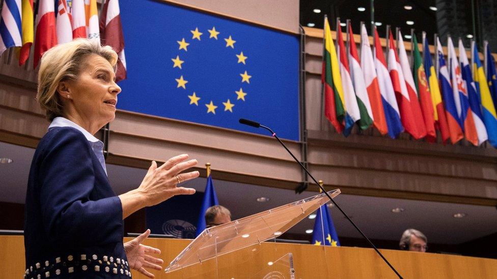 Ursula von der Leyen speaking to the European Parliament