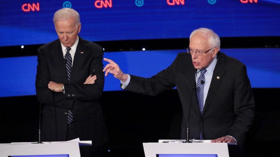 Sanders and Biden at the Iowa Democratic Debate