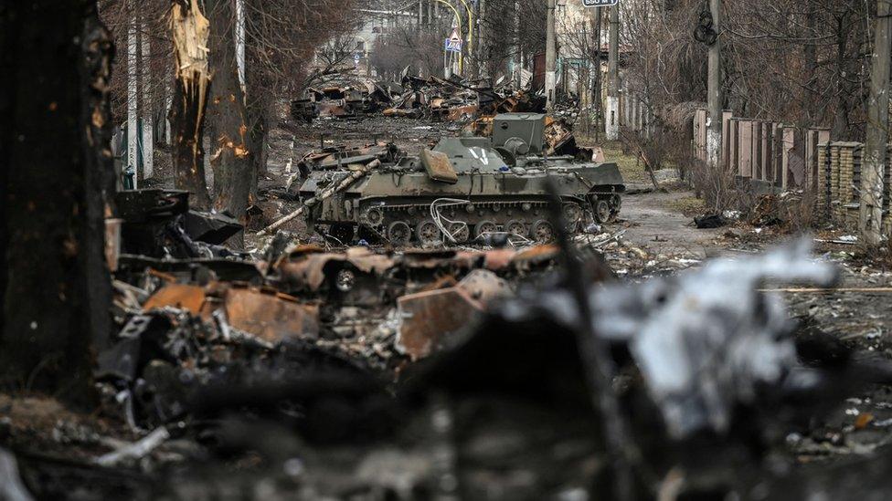 Destroyed Russian armoured vehicles in the city of Bucha