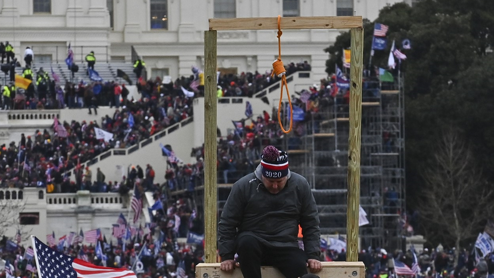 A noose and gallows erected by rioters outside Congress