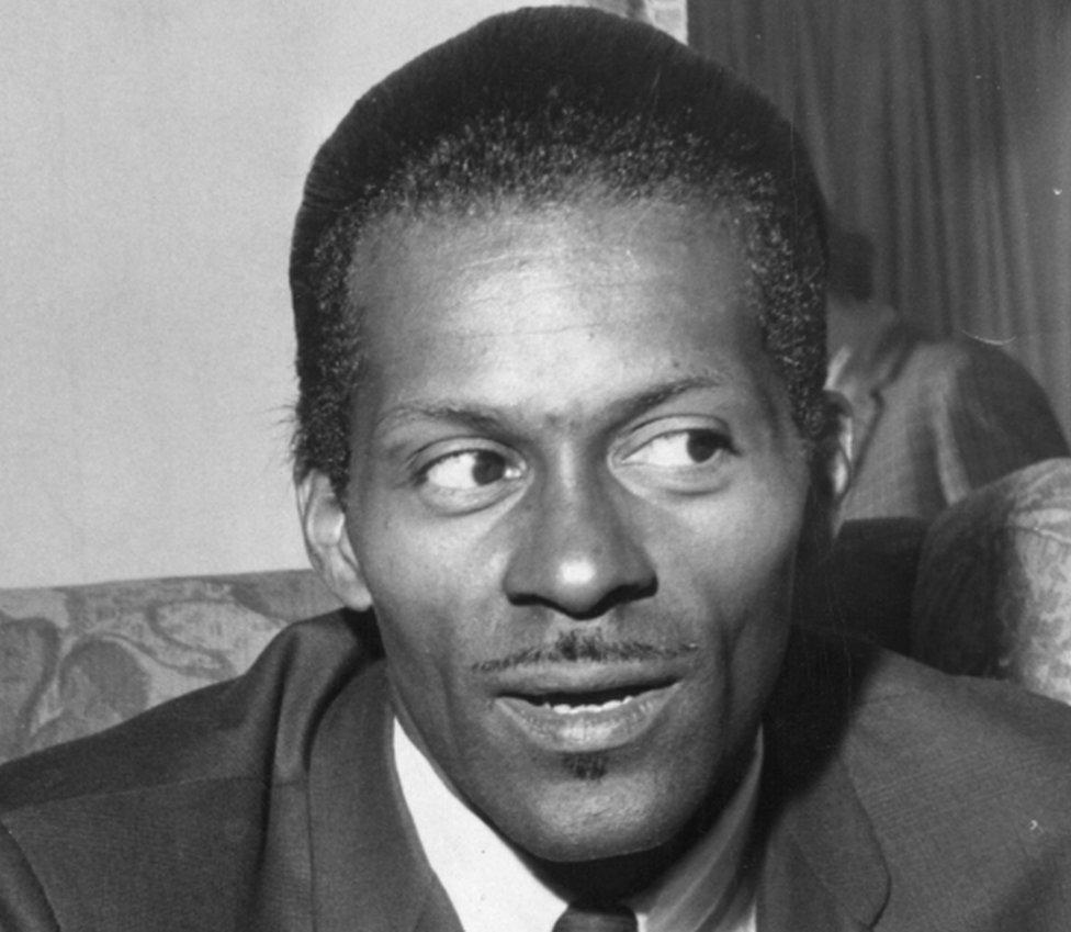 American rock and roll singer, songwriter and guitarist Charles "Chuck" Berry, one of the biggest influences on pre-Beatles pop.