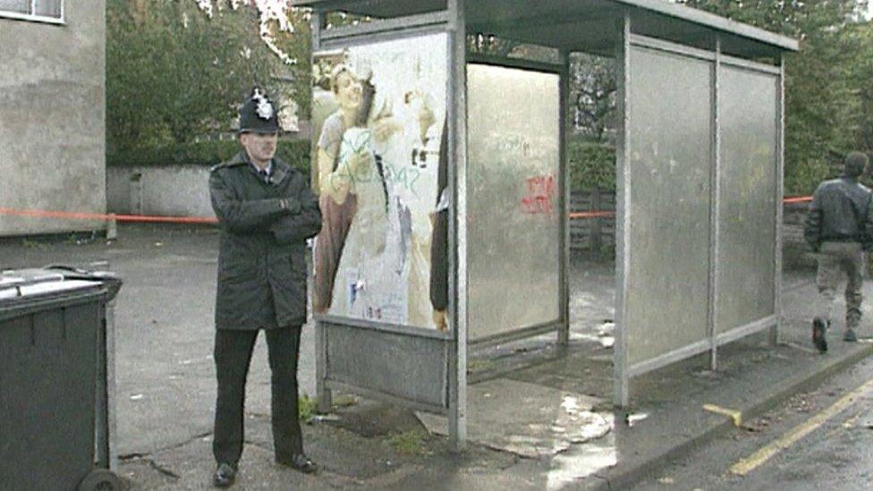 Bus stop where woman was abducted from, shown in October 1992