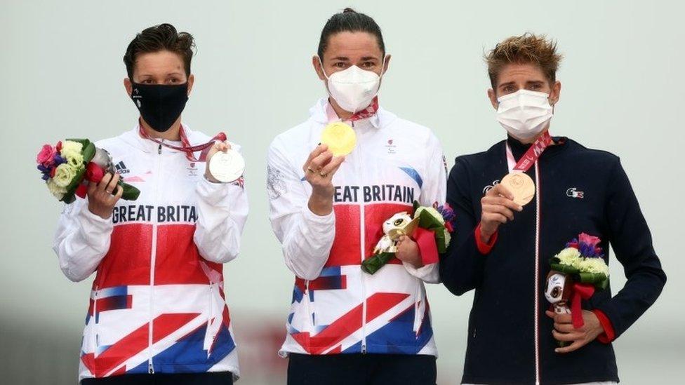 Silver Medallist Crystal Lane-Wright of Britain, Gold Medallist Sarah Storey of Britain and Bronze Medallist Marie Patouillet .