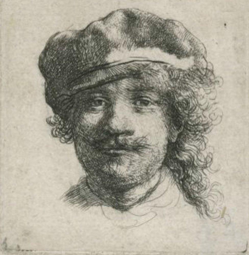 Rembrandt Harmensz van Rijn 1606-1669, self portrait wearing a soft cap, full face, head only ('Rembrandt aux trois moustaches'), 1634, etching on paper, 4.8 x 4.4cm