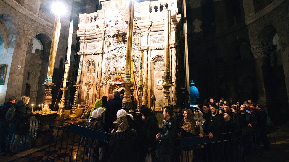 Orthodox Christians outside a church