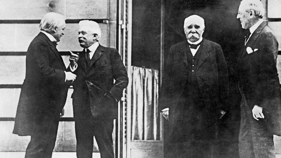 File photo taken on January 19, 1919. British Prime Minister Lloyd George (L), Italian Council President Vittorio Orlando (2nd L), French council President Georges Clemenceau (2nd R) and US President Woodrow Wilson