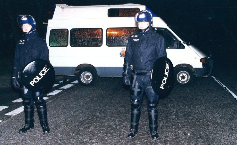 Police in riot gear on Waterville Road at the height of the disruption of the Meadow Well Riots, 10 September 1991