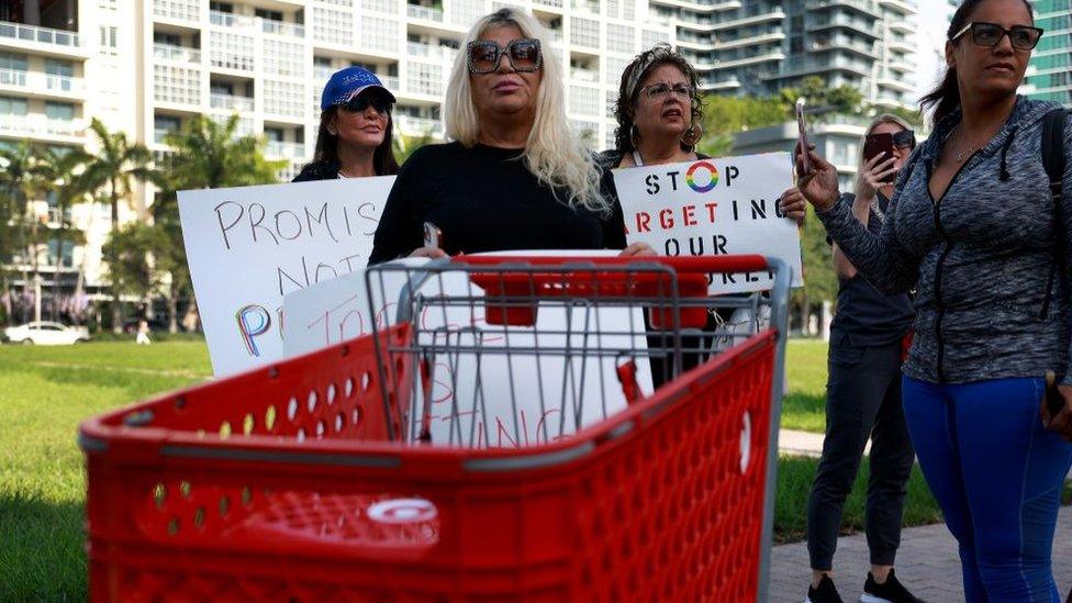 Michelle Terris, Jill Dahne, and Marlene (did not want to provide last name) protest outside of a Target store on June 01, 2023 in Miami, Florida. The protesters were reacting to Pride Month merchandise featuring the rainbow flag in support of the rights of the lesbian, gay, bisexual, transgender, and queer communities that had been sold at Target stores